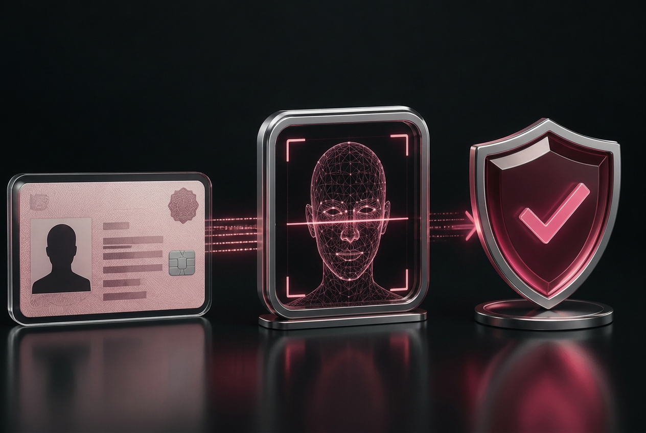 3D KYC process showing document, biometric scan and identity approval